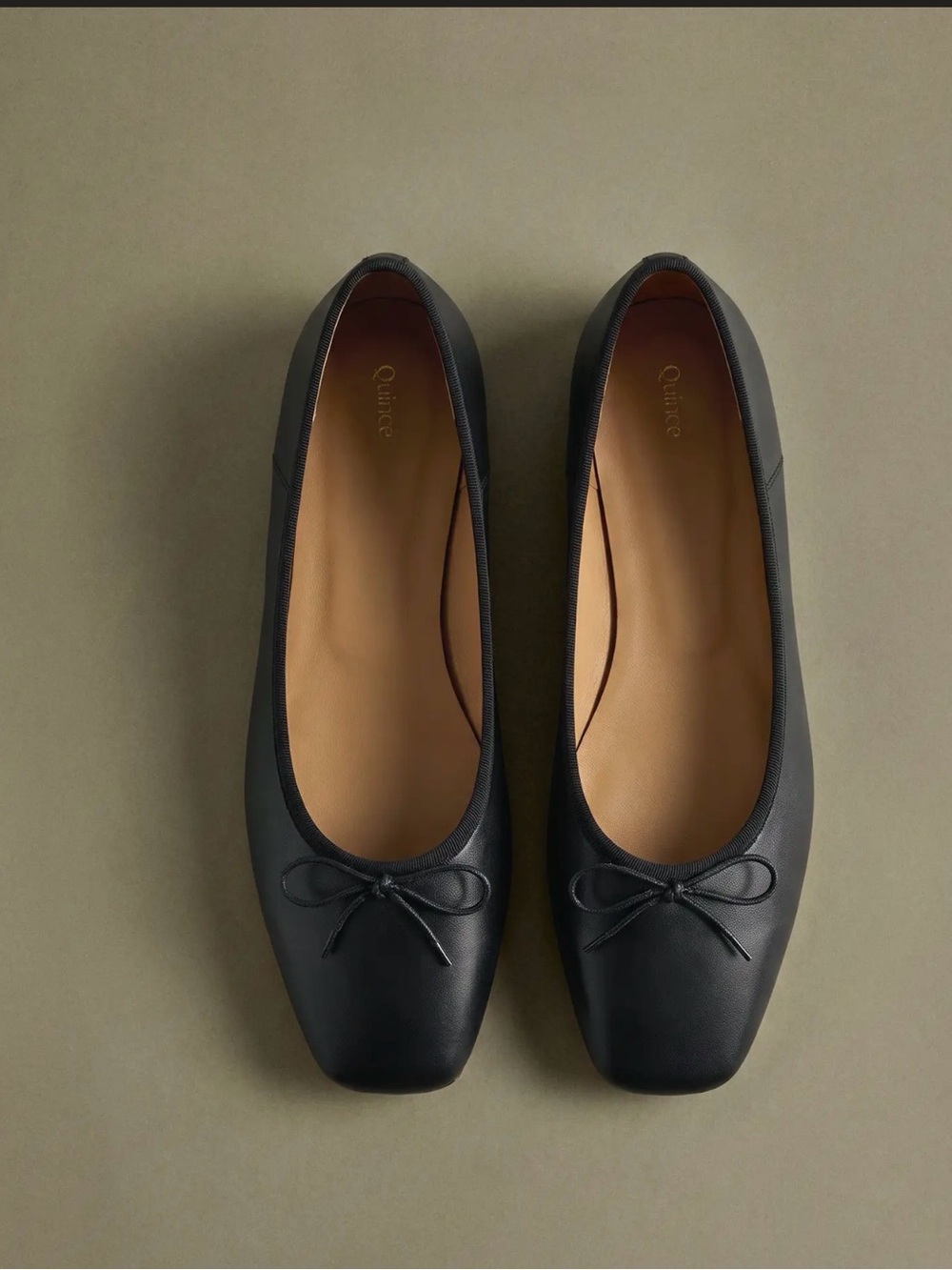 Quince Black Italian Leather Square-Toe Ballet Flats with Bow